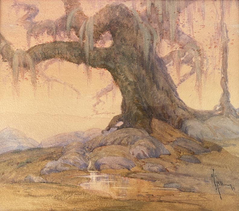 Grace Myrtle Allison Griffith 1885 - 1955, Mossy Oak and Spring, 1919  Watercolor on paper, 12 x 14  $2,400.  Signed G. Allison. Charles Allison was  Grace's first husband. They divorced in 1919. 
