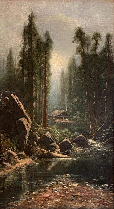 Ransome Gillet Holdredge, 1836-1899 Old Mill in the Redwoods (Bohemian Club Russian River) oil on cavas, 36 x 20 