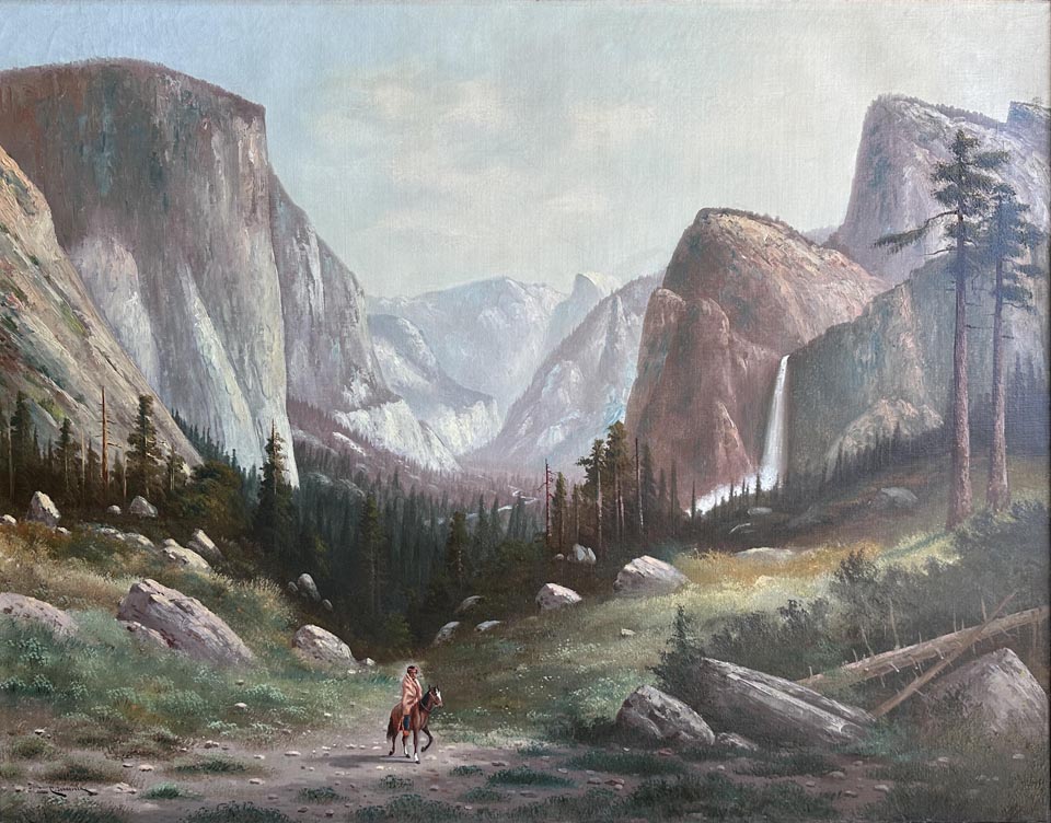 Carl Henrik Jonnevold, 1856-1955, Indian Rider, Yosemite Valley, late 1880's, oil on canvas, 28 x 36