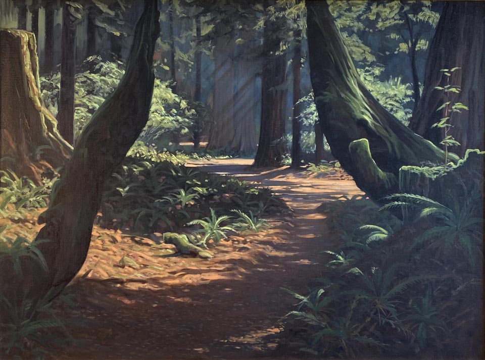 Robert Rishell, 1917-1976, Trail of the Giants, (scene at the Bohemian Grove, Monte Rio, CA), oil on canvas, 30 x 40