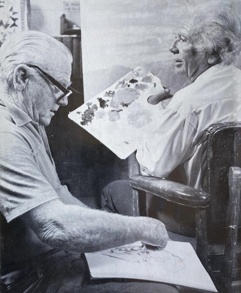 James Cagney, sketching his friend and neighbor John W. Hilton  as Hilton paints in his Twentynine Palms studio.