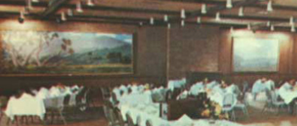 A blurry photo of John W. Hilton's two large murals in the banquet room of the Saddleback Inn in Santa Ana, CA, circa 1960's