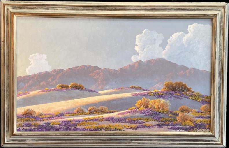John W Hilton, A Morning in Spring, Dunes with blooming purple Desert Verbena with distant mountains and billowing white clouds in the morning light.