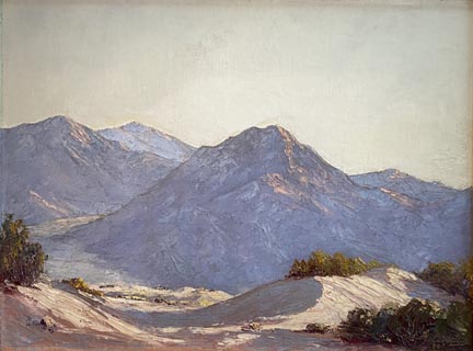 John W Hilton, a scene with dunes and distant purple mountains, a fine example of John's use of a palatte knife
