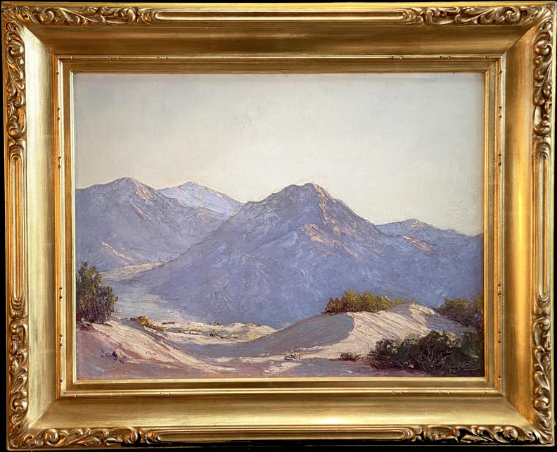 John W Hilton, a scene with dunes and distant purple mountains, a fine example of John's use of a palatte knife
