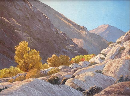 John W Hilton, Fall in the Canyon, a scene with colorful vegitation in browns, bronzes, yellows and oranges nestled between a sunslit hill and one in shadow in Hellhole Canyon in Anza Borrego State Park