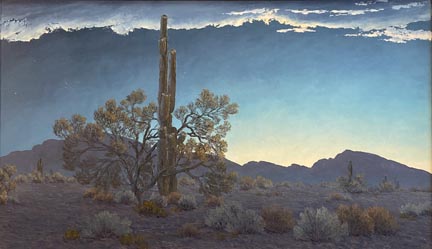 John W Hilton, La Mananita, a tall suguaro cactus silouetted against a blue sky after sundown, with distant mountains showing off the sun's afterglow 