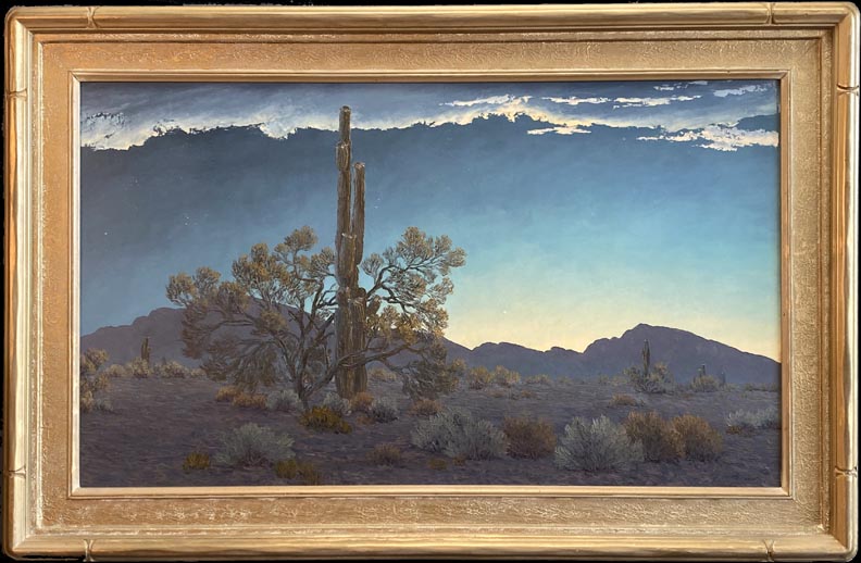 John W Hilton, La Mananita, a tall suguaro cactus silouetted against a blue sky after sundown, with distant mountains showing off the sun's afterglow 