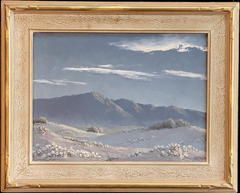 John W Hilton, Moonlight in the Desert, White blooming vervena on moonlit dunes with blue mountains in the distance and white clouds above