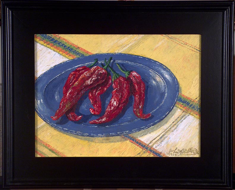 John W Hilton Red Chilies on a Blue Plate with Frame