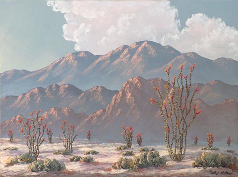 Kathi Hilton, Before the Storm, Blooming Ocotillo with Mountain background