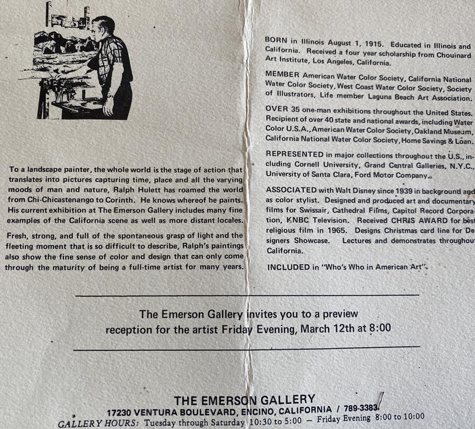 The Emerson Gallery Exhibition Brochure for a Ralph Hulett exhibtion held in the early 1960's, inside