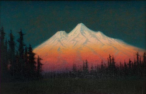 Sunset Glow, Mt. Shasta 1921 James Everett Stuart, 1852-1941 oil on board, 11 x 17