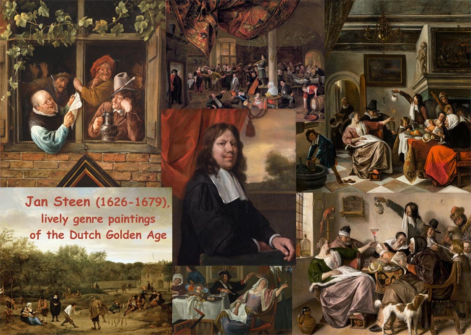 A collage of works by Dutch painter, Jan Steen with his self portrait in the center.