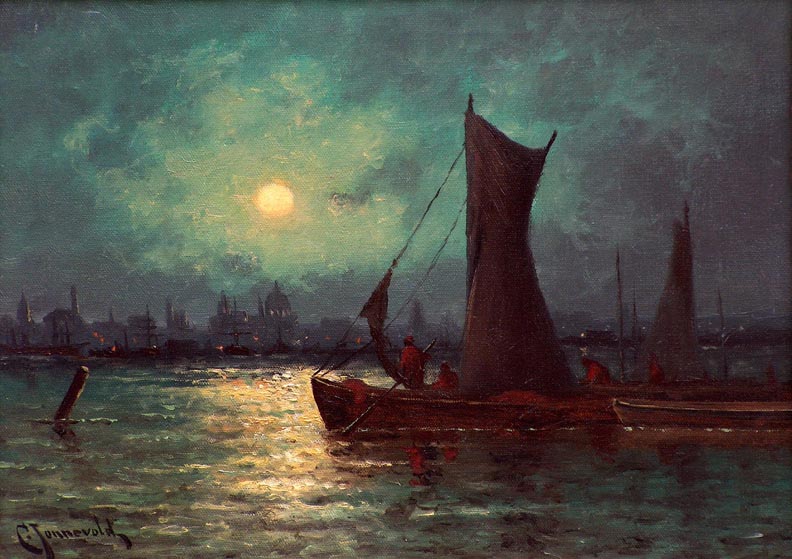 Carl Jonnevold "Moonrise over the River Thames in London"  Oil on canvas, 13 x 18  $8,500