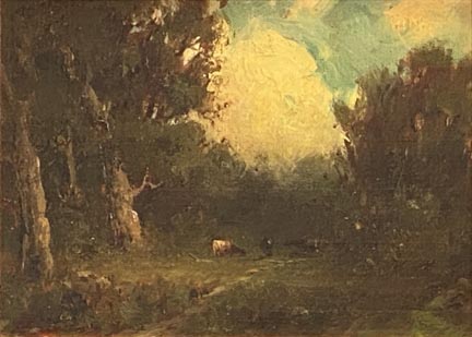 Attributed to William Keith, Grazing Cows in a Clearning.  This painting is done on the back side of a cigar box lid.  Keith often used cigar box tops for panels for smaller paintings.
