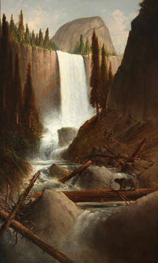 Thomas Hill 1829 - 1908,  Yosemite Venal Falls, Bear on a Log, 1874