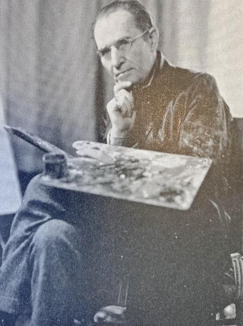 photo of Leon Lundmark posed with his artist palette, taken from a Leon Lundmark exhibition pamphlet dated 1944.