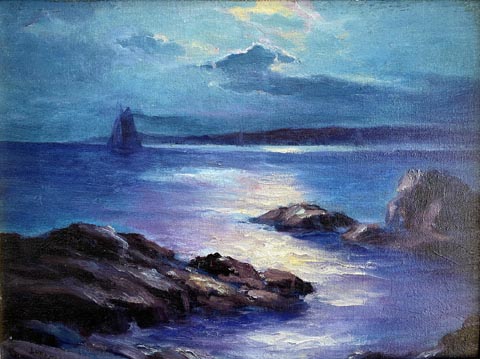 Leon Lundmark, Moonlight, 12 x 16 oil on canvas board, offered for sale by Bodega Bay Heritage Gallery . com