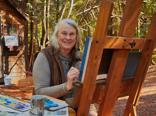 Linda Sorensen at her Redwood Cabin Studio near Monte Rio