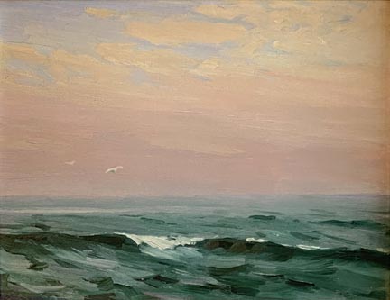 Jean Mannheim, Sunset Glow, a post sunset seascape with dark turquois waters with a mild wave, and a gull flying against a pink sky with pale blues above