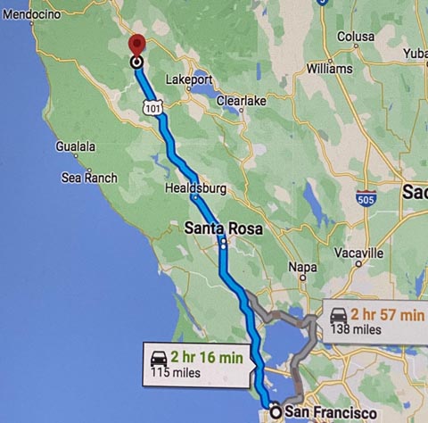 Map from San Francisco to Ukiah, 115 miles