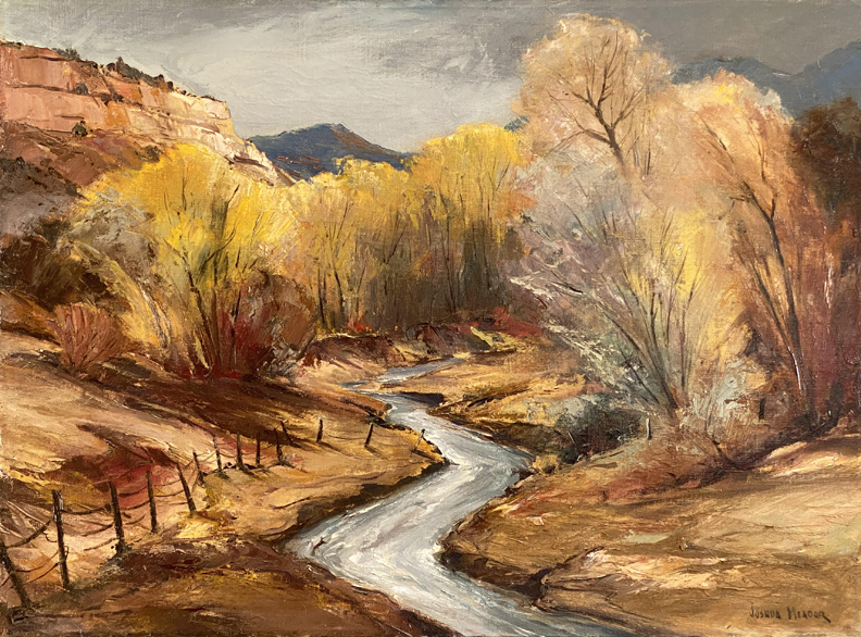 Joshua Meador, A Clear Crispy Day, an autumn scene with a stream running past pasture fencing with golden Aspen Trees and hills in the distance.