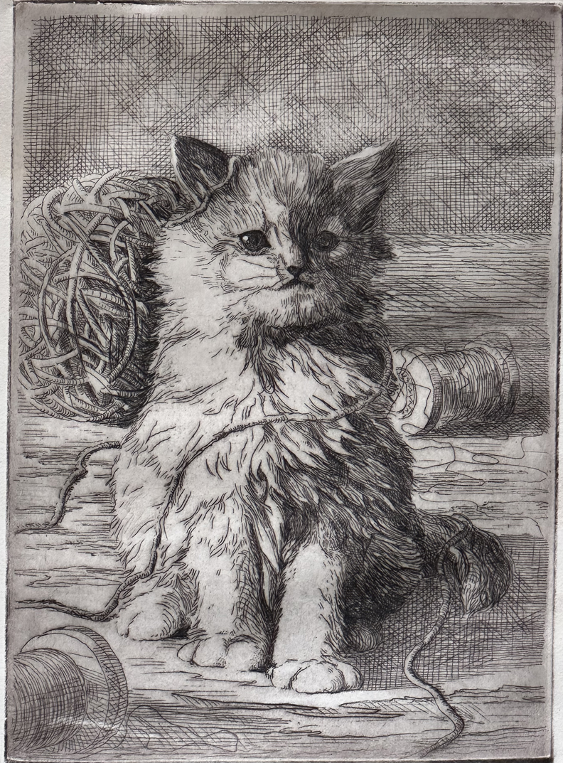Joshua Meador, Cat with Ball of Yarn, etching, c 1937-39