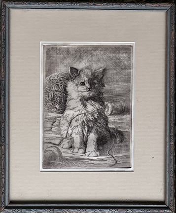 Joshua Meador, Cat with Ball of Yarn, etching, c 1937-39