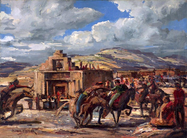 Joshua Meador, 1911-1965, Chicken Race, Santo Domingo Pueblo #349  Meador Family Collection  Oil on Linen, 20 x 27 $10,000, 