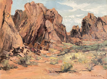 Joshua Meador, Desert Landscape, a masterful scene of red rocky outcrops and desert vegitation