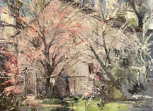 Joshua Meador, Fountain of Spring, a scene of two figures below two flowering trees, bursting forth with pinks and whites, as if they were fireworks.