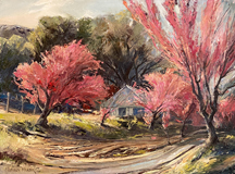 Joshua Meador, Full Bloom, a sceen of a farm house with springtime red blooming trees bursting forth..