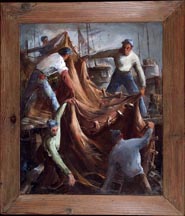 Joshua Meador, Tending the Net, a large framed painting as 5 men help stow a net, almost as if they were in a ballet