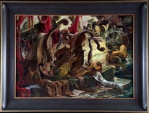 Joshua Meador, The Last Symphony, a painting done by Meador at the request of Walt Diseny for a reception to honor visiting artist Salvador Dali.  Disney asked  Meador to create a work recalling the instruments of the orchestra from the beginnning sequence of Fantasia.