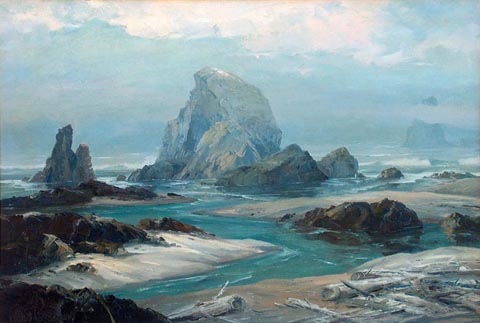 Bennett Bradbury 1914-1991, Beach Sentinels, oil on canvas, 22 x 32