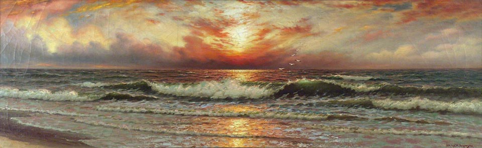 Richard Dey De Ribcowsky 1880-1936, Sunset and Rolling Waves, oil on canvas, 15 x 48