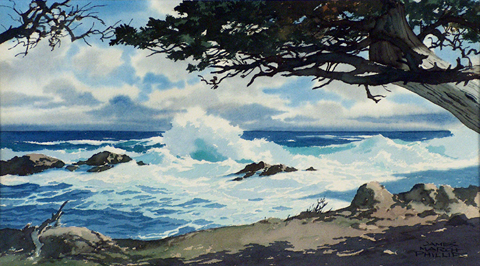 James March Phillips 1913-1981, Cypress and Coast, Monterey, watercolor, 13 x 23 1/4