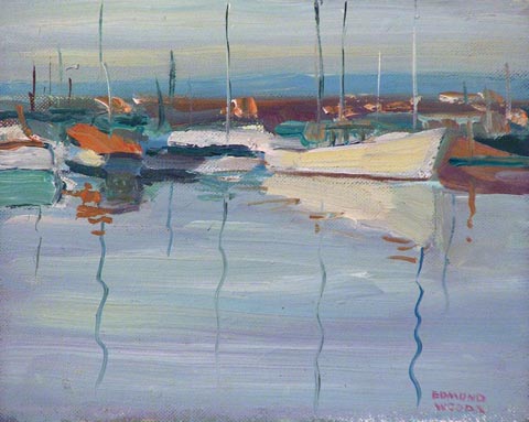Edmond Woods 1905-1990, Morning Boats, oil on masonite, 8 x 10