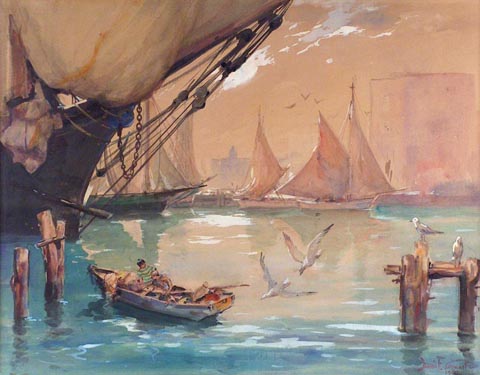 Davis Francis Schwartz 1879-1969 Boys Fishing on the Bay, 1940, watercolor, 19 x 25