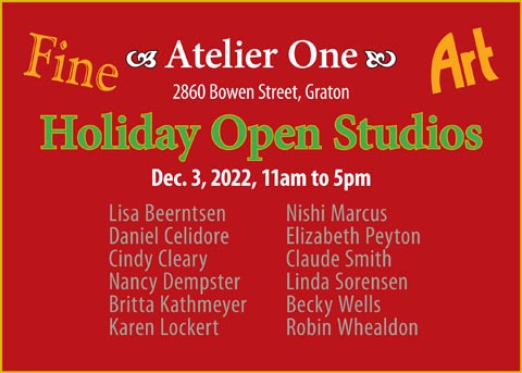 Flyer for Holiday Open Studios event at Atelier One, Dec 3, 2022