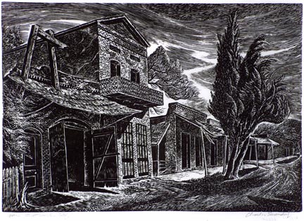 Charles Surendorf, Main Street, Columbia, CA, woodblock print