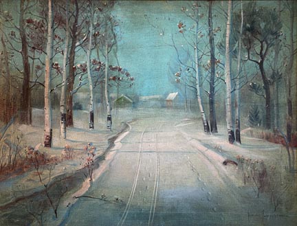 Svend Svendsen, Path in the Snow, a rural Norwegian winter scene of a snow covered roadway outside a town.