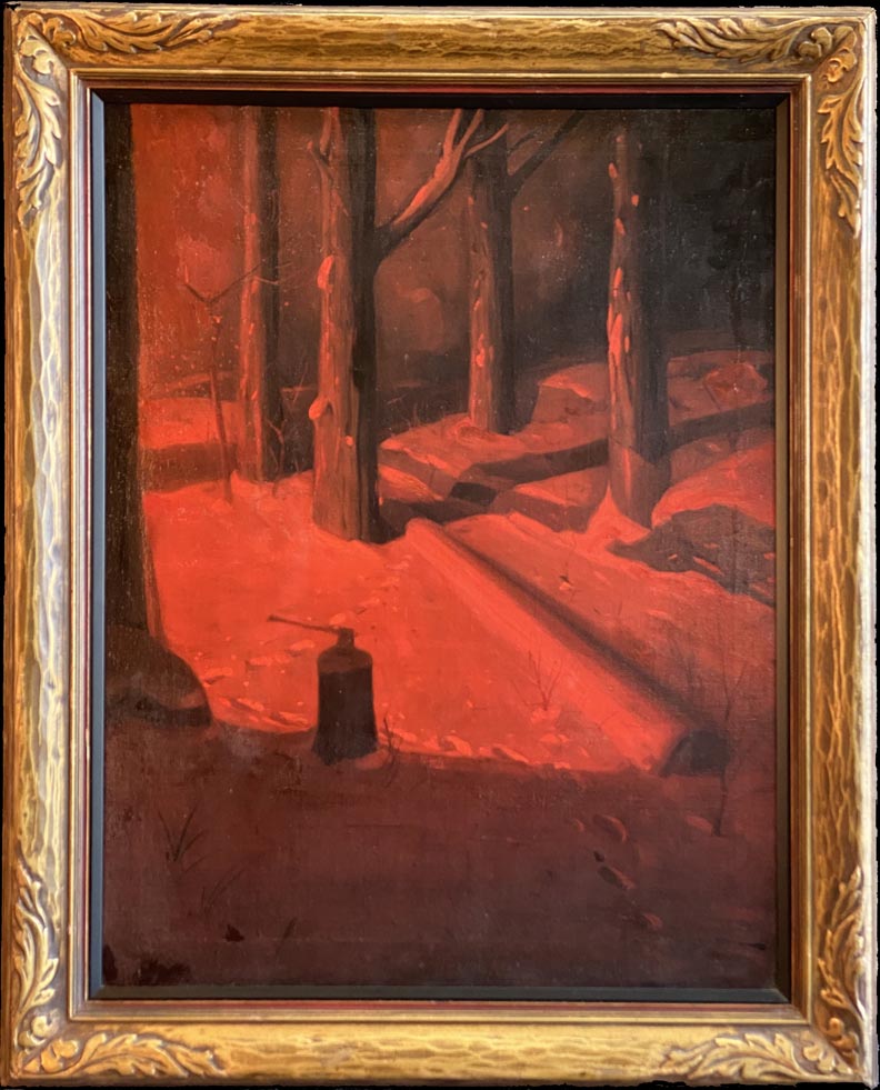 Svend Svendsen, Winter Firelight, Snow aglow with a wild celebration of red light, surrounded by the deepening darkness of a nightime Norwegian forest.