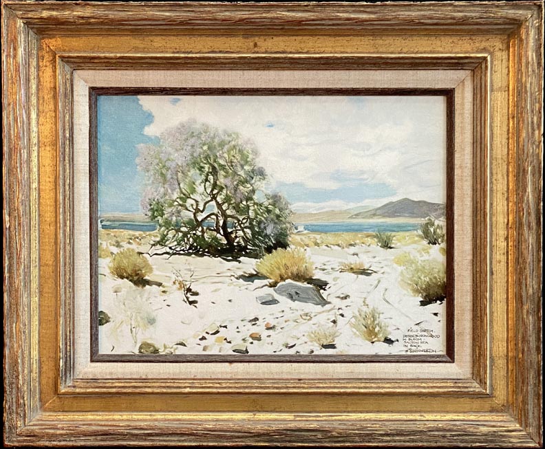 James Swinnerton, print of an oil sketch entitled Desert Ironwood in Bloom, Salton Sea in the background