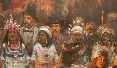 Closeup of the Dance in a Subterranean Roundhouse with SF banker Tiburcio Parrott y Ochoa with out of town vistors  Baron Edmond de Rothschild and his associate  Comte Gabriel de Tureene d'Aynac stand behind  festively dressed Elem Pomo women.