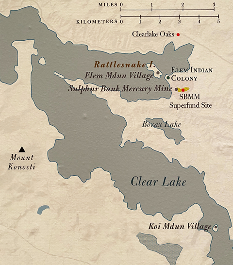 Map of the eastern end of Clear Lake, California, showing the land of the Elem Pomo and its proximity to the Sulphur Bank Mine, less than a mile away.