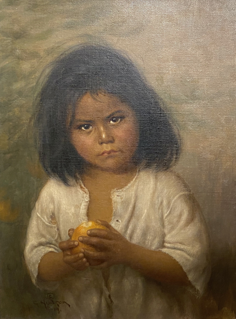 Grace Hudson, Little Girl with Orange- Wil-a-by, 1919, oil on canvas Gift of the Rude Family Living Trust