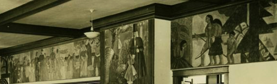 Virginia Chism Darce mural at the Oregon City Library Sadly, this photo is the only one we know of. From an old black and white photograph, the mural was zoomed in on and enhanced with photoshop.