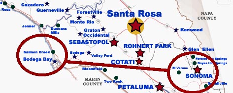 Sonoma County Map Bodega Bay to Sonoma